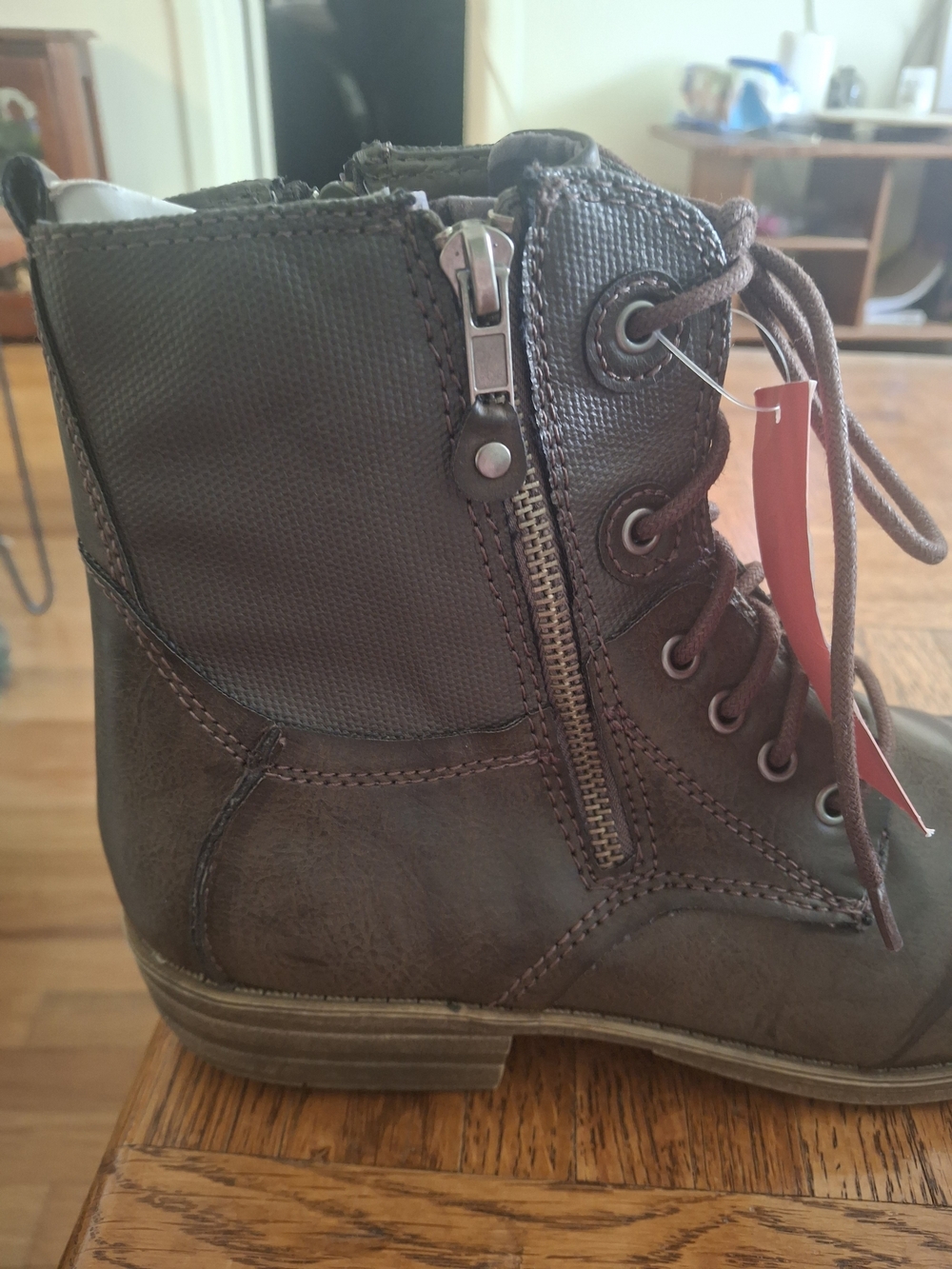 American Rag NWT Dark Brown Lace-Up Side Zip Boot with Camo Lining - Picture 3 of 8